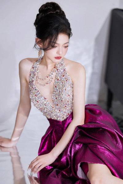 Shiny Metallic Halter V Neck Neck Beaded Fuchsia Long Prom Dresses with High Slit, Fuchsia Formal Graduation Evening Dresses with Train WT1848
