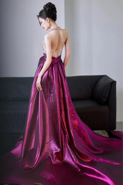 Shiny Metallic Halter V Neck Neck Beaded Fuchsia Long Prom Dresses with High Slit, Fuchsia Formal Graduation Evening Dresses with Train WT1848