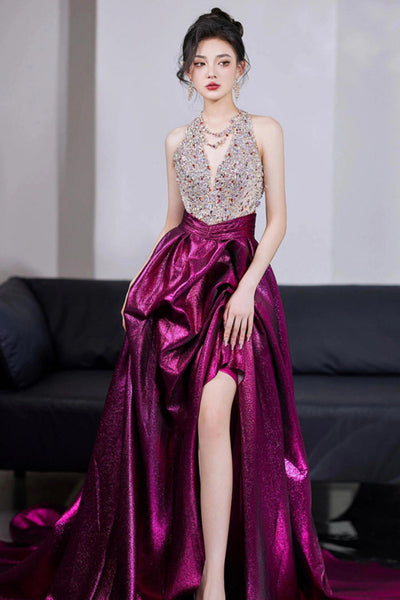 Shiny Metallic Halter V Neck Neck Beaded Fuchsia Long Prom Dresses with High Slit, Fuchsia Formal Graduation Evening Dresses with Train WT1848