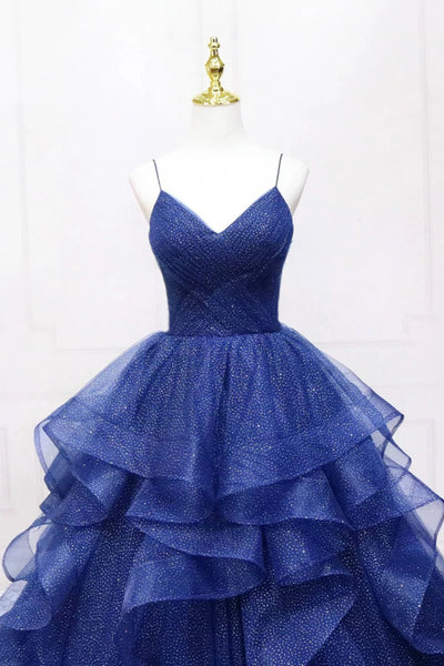 Shiny Navy Blue Tulle A Line V Neck Fluffy Long Prom Dresses, Navy Blue Formal Graduation Evening Dresses WT1576