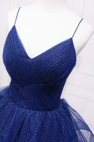 Shiny Navy Blue Tulle A Line V Neck Fluffy Long Prom Dresses, Navy Blue Formal Graduation Evening Dresses WT1576