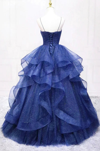 Shiny Navy Blue Tulle A Line V Neck Fluffy Long Prom Dresses, Navy Blue Formal Graduation Evening Dresses WT1576