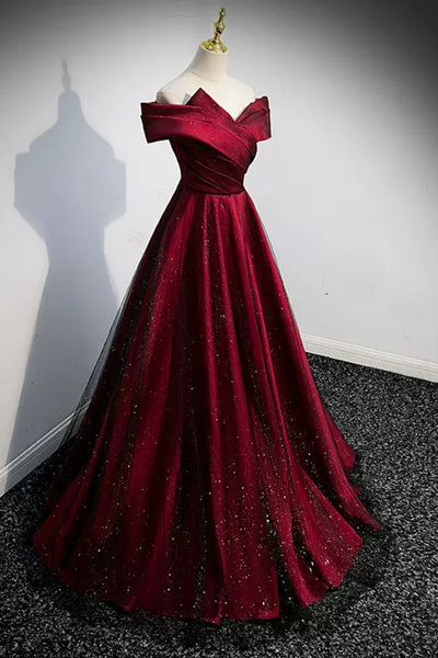 Shiny Off the Shoulder Burgundy Long Prom Dresses, Off Shoulder Burgundy Formal Dresses, Burgundy Evening Dresses WT1269