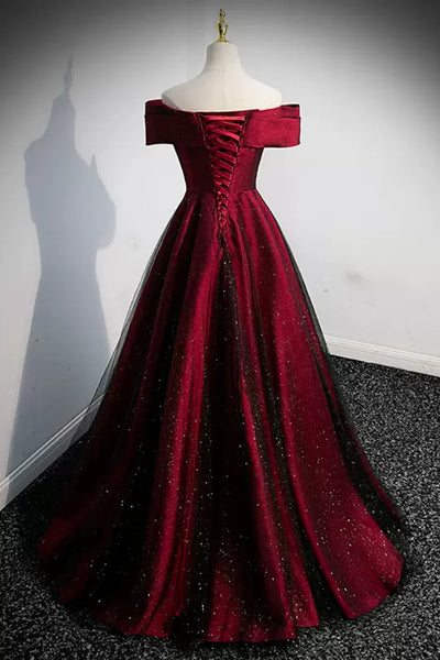 Shiny Off the Shoulder Burgundy Long Prom Dresses, Off Shoulder Burgundy Formal Dresses, Burgundy Evening Dresses WT1269