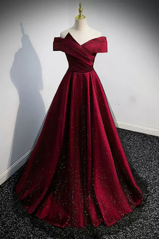 Shiny Off the Shoulder Burgundy Long Prom Dresses, Off Shoulder Burgundy Formal Dresses, Burgundy Evening Dresses WT1269