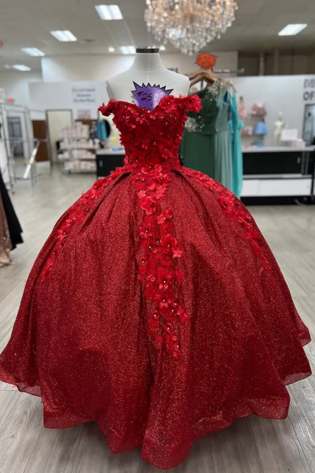 Shiny Red Off the Shoulder Floral Long Prom Dresses, Red Formal Evening Dresses, Ball Gown with 3D Flowers WT1591