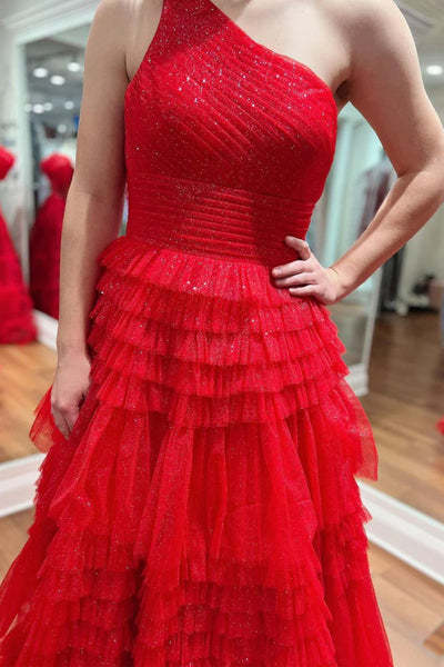 Shiny Red Tulle A Line One Shoulder Ruffle Long Prom Dresses, One Shoulder Red Formal Dresses, Red Evening Dresses WT1586