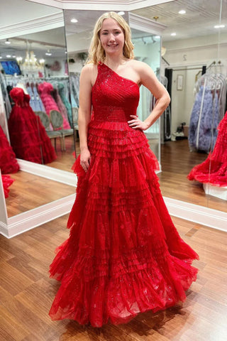 Shiny Red Tulle A Line One Shoulder Ruffle Long Prom Dresses, One Shoulder Red Formal Dresses, Red Evening Dresses WT1586