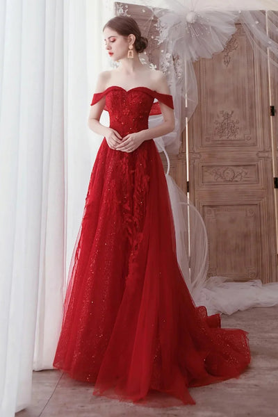 Shiny Red Tulle Off Shoulder Red Long Prom Dresses, Off the Shoulder Red Formal Dresses, Red Lace Evening Dresses WT1369