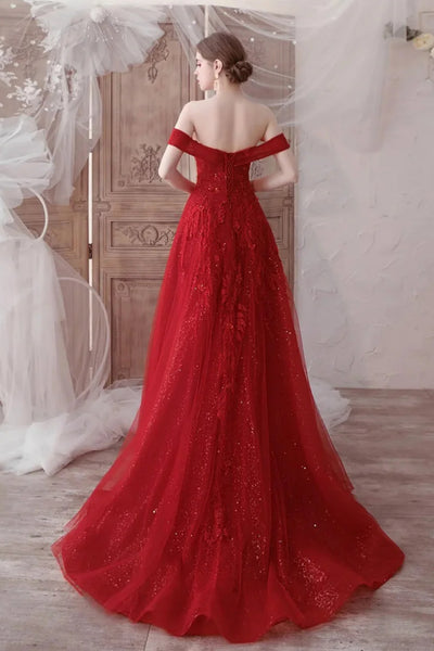 Shiny Red Tulle Off Shoulder Red Long Prom Dresses, Off the Shoulder Red Formal Dresses, Red Lace Evening Dresses WT1369