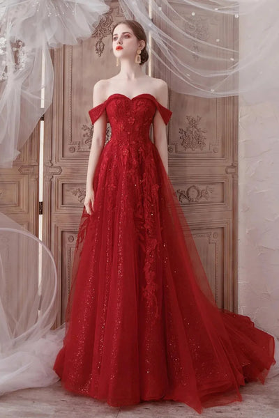 Shiny Red Tulle Off Shoulder Red Long Prom Dresses, Off the Shoulder Red Formal Dresses, Red Lace Evening Dresses WT1369