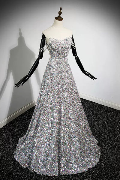 Shiny Sequins Off the Shoulder Long Prom Dresses, Beaded Formal Graduation Evening Dresses WT1237