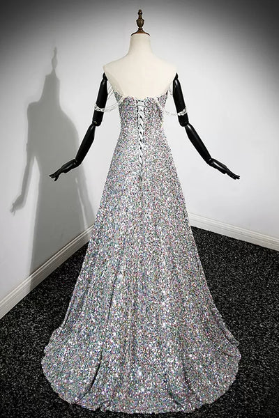 Shiny Sequins Off the Shoulder Long Prom Dresses, Beaded Formal Graduation Evening Dresses WT1237