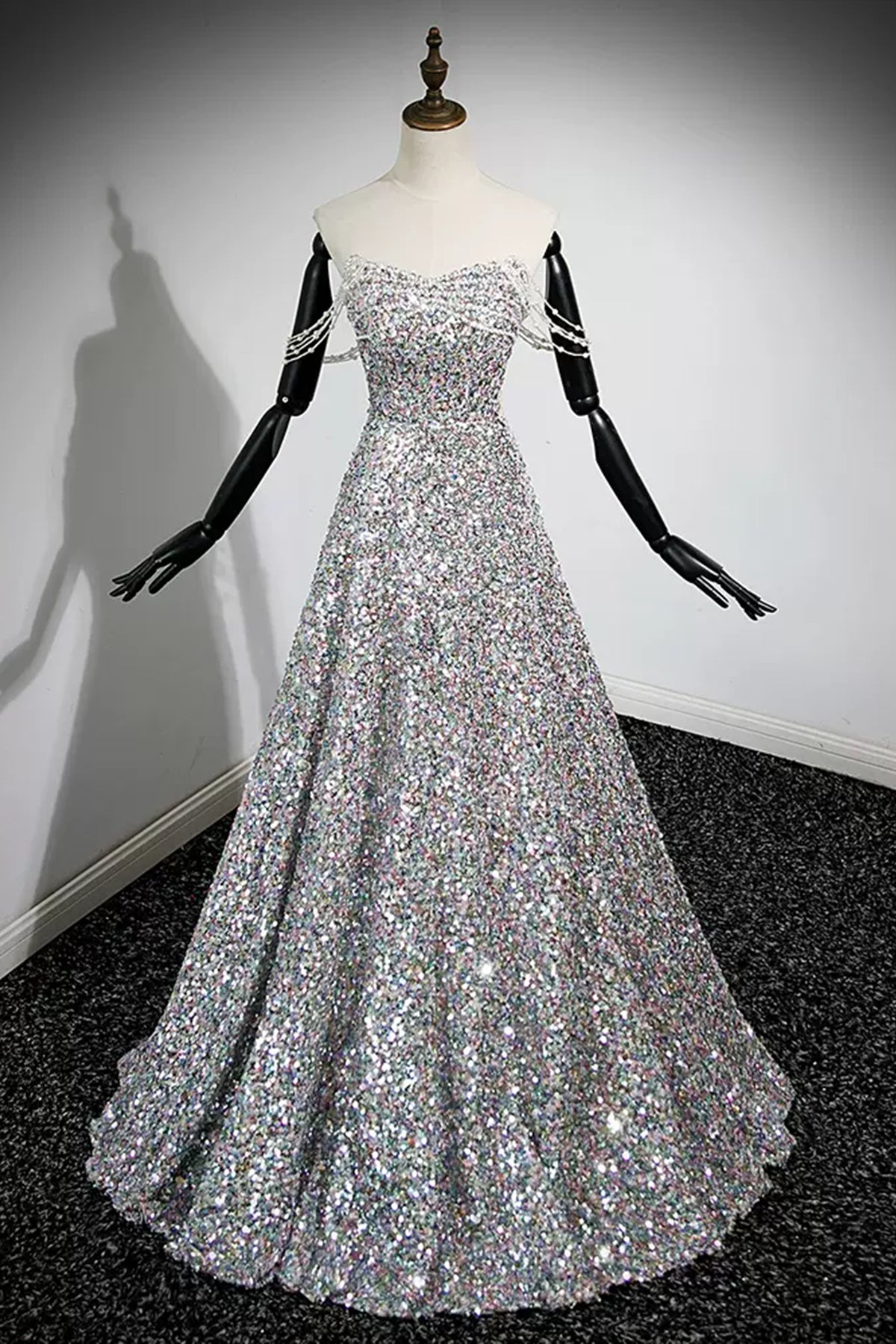 Shiny Sequins Off the Shoulder Long Prom Dresses, Beaded Formal Graduation Evening Dresses WT1237
