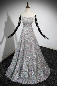 Shiny Sequins Off the Shoulder Long Prom Dresses, Beaded Formal Graduation Evening Dresses WT1237