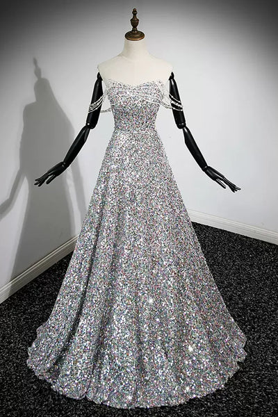 Shiny Sequins Off the Shoulder Long Prom Dresses, Beaded Formal Graduation Evening Dresses WT1237