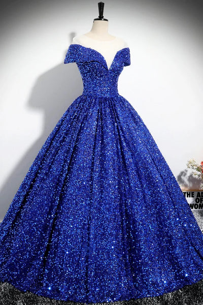 Shiny Sequins Off the Shoulder Royal Blue Long Prom Dresses, Off Shoulder Blue Formal Evening Dresses WT1552