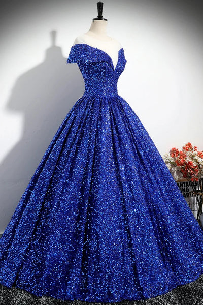 Shiny Sequins Off the Shoulder Royal Blue Long Prom Dresses, Off Shoulder Blue Formal Evening Dresses WT1552