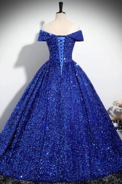 Shiny Sequins Off the Shoulder Royal Blue Long Prom Dresses, Off Shoulder Blue Formal Evening Dresses WT1552