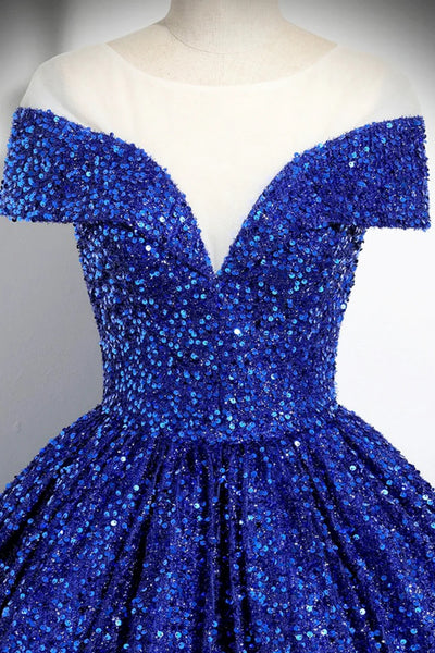 Shiny Sequins Off the Shoulder Royal Blue Long Prom Dresses, Off Shoulder Blue Formal Evening Dresses WT1552