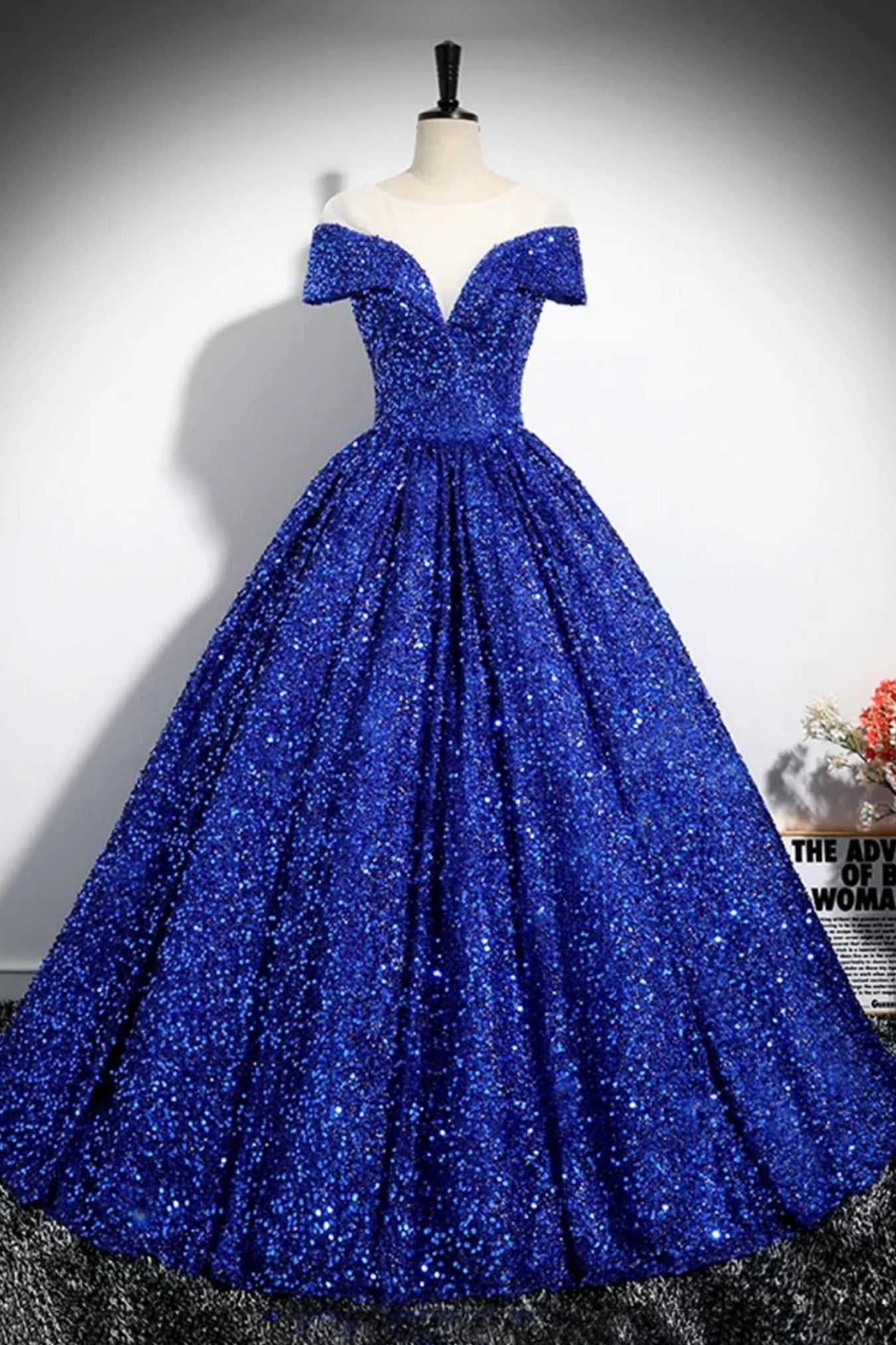 Shiny Sequins Off the Shoulder Royal Blue Long Prom Dresses, Off Shoulder Blue Formal Evening Dresses WT1552