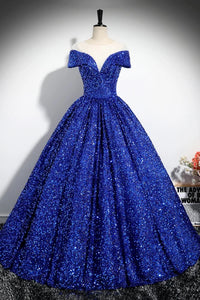 Shiny Sequins Off the Shoulder Royal Blue Long Prom Dresses, Off Shoulder Blue Formal Evening Dresses WT1552