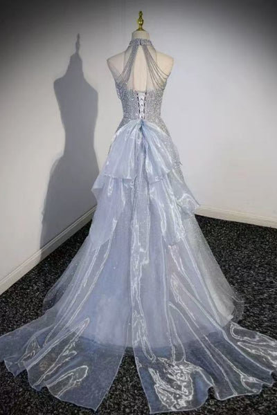 Shiny Silver Gray Sequins A Line Halter Neck Long Prom Dresses, Silver Gray Formal Graduation Evening Dresses WT1721