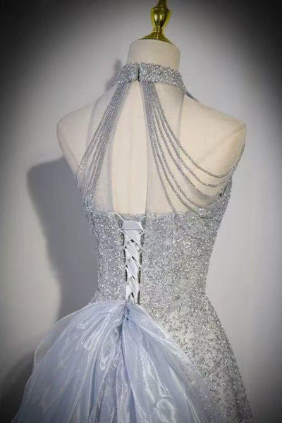 Shiny Silver Gray Sequins A Line Halter Neck Long Prom Dresses, Silver Gray Formal Graduation Evening Dresses WT1721