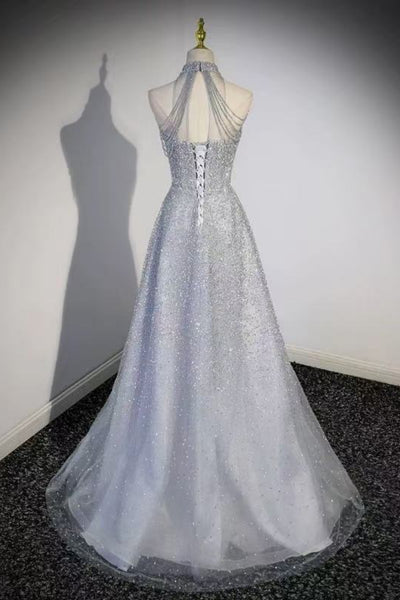 Shiny Silver Gray Sequins A Line Halter Neck Long Prom Dresses, Silver Gray Formal Graduation Evening Dresses WT1721