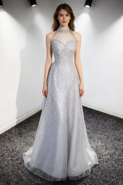 Shiny Silver Gray Sequins A Line Halter Neck Long Prom Dresses, Silver Gray Formal Graduation Evening Dresses WT1721