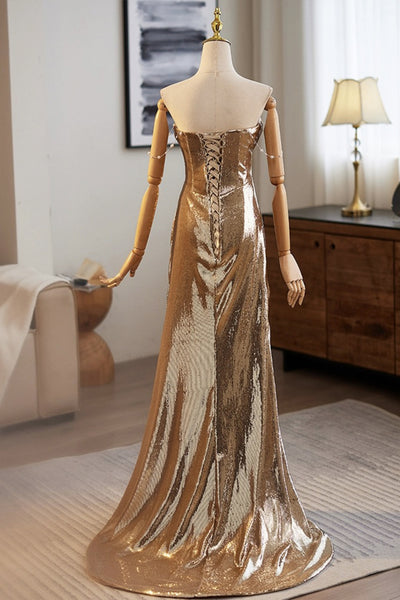 Shiny Strapless Golden Long Prom Dresses, Off the Shoulder Gold Formal Dresses, Golden Evening Dresses WT1432