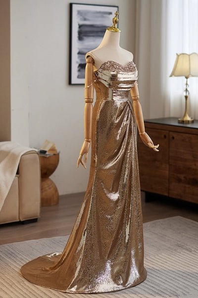 Shiny Strapless Golden Long Prom Dresses, Off the Shoulder Gold Formal Dresses, Golden Evening Dresses WT1432