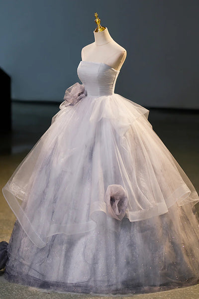 Shiny Tulle Gray Strapless Long Prom Dresses with Flowers, Gray Tulle Formal Evening Dresses, Ball Gown WT1588