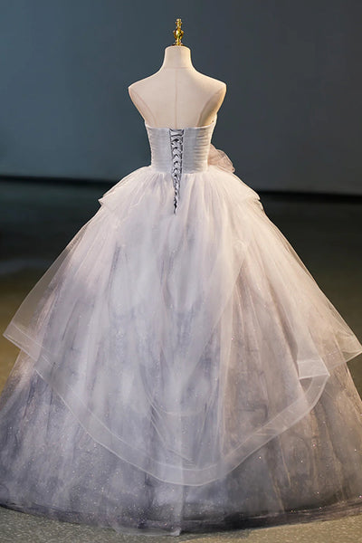 Shiny Tulle Gray Strapless Long Prom Dresses with Flowers, Gray Tulle Formal Evening Dresses, Ball Gown WT1588