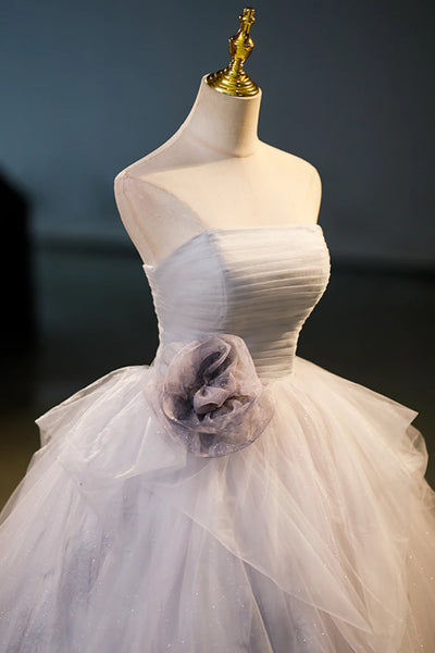 Shiny Tulle Gray Strapless Long Prom Dresses with Flowers, Gray Tulle Formal Evening Dresses, Ball Gown WT1588