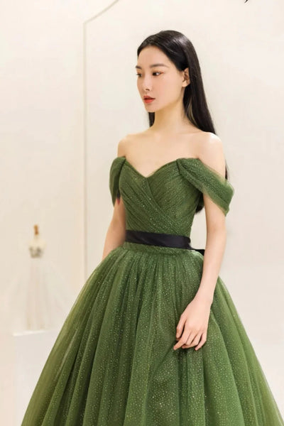 Shiny Tulle Off Shoulder Green Long Prom Dresses, Off the Shoulder Formal Dresses, Green Evening Dresses WT1368