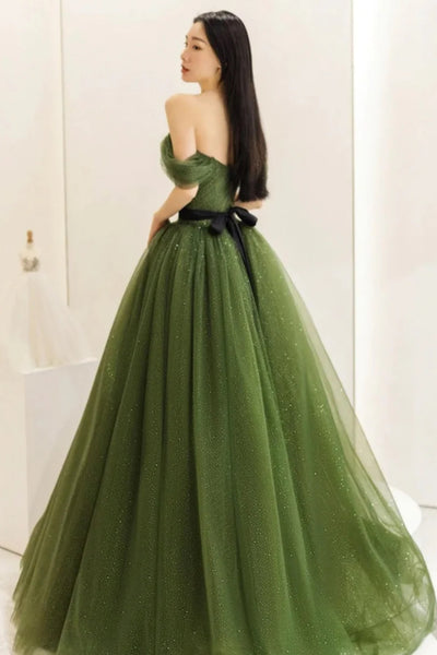 Shiny Tulle Off Shoulder Green Long Prom Dresses, Off the Shoulder Formal Dresses, Green Evening Dresses WT1368