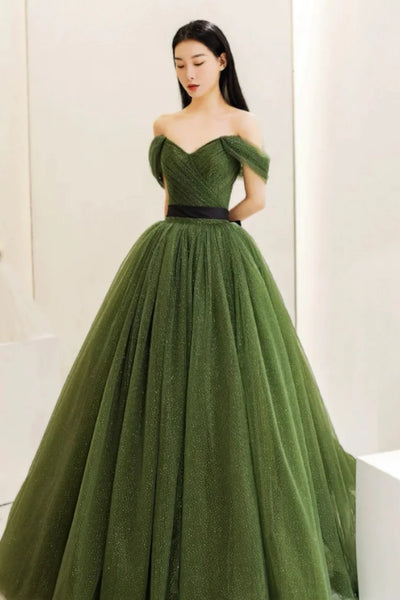 Shiny Tulle Off Shoulder Green Long Prom Dresses, Off the Shoulder Formal Dresses, Green Evening Dresses WT1368