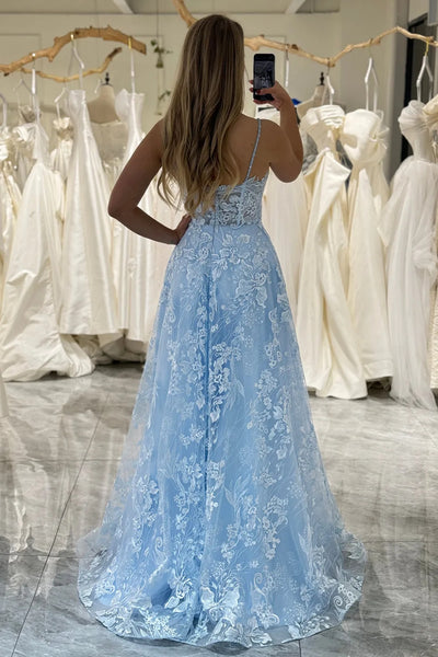 Sky Blue Lace A Line Open Back V Neck Long Prom Dresses, Sky Blue Lace Formal Graduation Evening Dresses WT1488