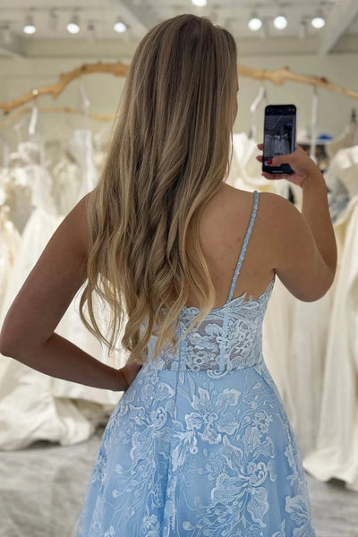 Sky Blue Lace A Line Open Back V Neck Long Prom Dresses, Sky Blue Lace Formal Graduation Evening Dresses WT1488