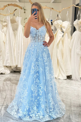 Sky Blue Lace A Line Open Back V Neck Long Prom Dresses, Sky Blue Lace Formal Graduation Evening Dresses WT1488