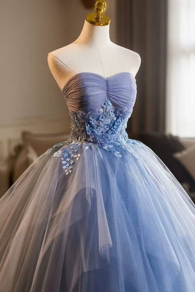 Strapless Blue Tulle Long Prom Dresses with Appliques, Blue Lace Formal Dresses, Blue Evening Dresses WT1820