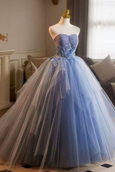 Strapless Blue Tulle Long Prom Dresses with Appliques, Blue Lace Formal Dresses, Blue Evening Dresses WT1820