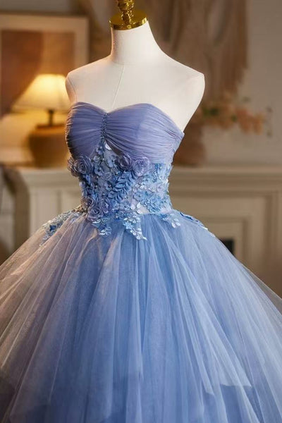 Strapless Blue Tulle Long Prom Dresses with Appliques, Blue Lace Formal Dresses, Blue Evening Dresses WT1820