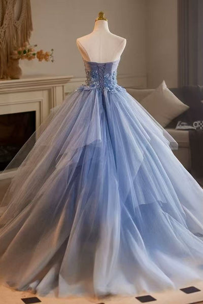 Strapless Blue Tulle Long Prom Dresses with Appliques, Blue Lace Formal Dresses, Blue Evening Dresses WT1820