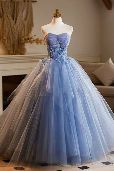 Strapless Blue Tulle Long Prom Dresses with Appliques, Blue Lace Formal Dresses, Blue Evening Dresses WT1820