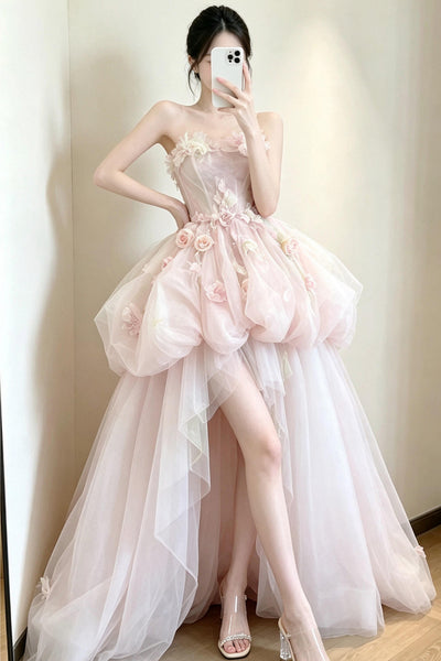 Strapless High Low Pink Long Prom Dresses with Flowers, High Low Pink Formal Evening Dresses, Pink Ball Gown WT1844