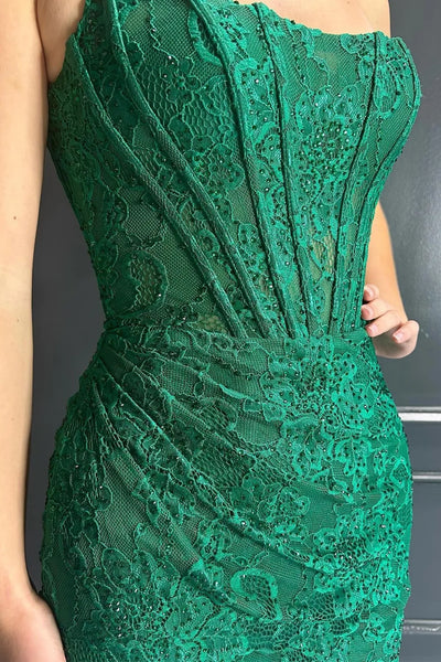 Strapless Mermaid Green Lace Prom Dress, Mermaid Green Homecoming Dress, Short Green Lace Formal Evening Dress A2171