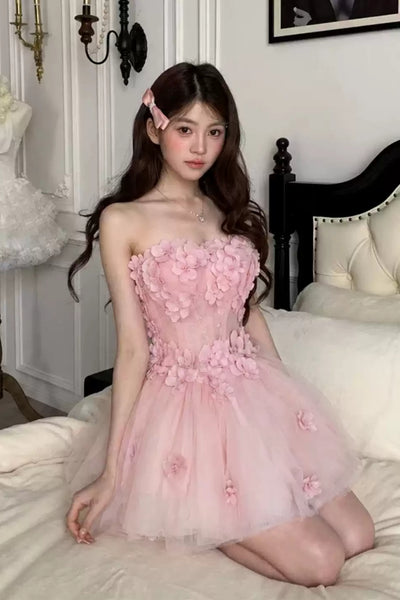 Strapless Pink Lace Floral Short Prom Dresses, Pink Lace Homecoming Dresses with 3D Flowers WT1834