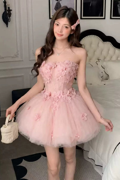 Strapless Pink Lace Floral Short Prom Dresses, Pink Lace Homecoming Dresses with 3D Flowers WT1834